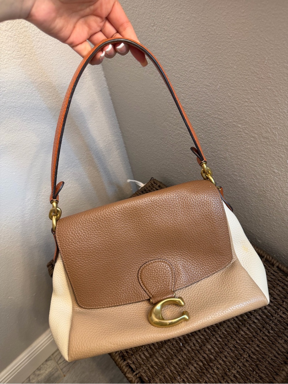 Coach Tri-Color Pebbled Leather Shoulder Bag - Brown/Beige/Cream
